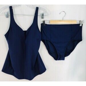 Lands End Womens Medium Top 8 Bottoms 10 Solid Navy Blue Tankini Swimsuit